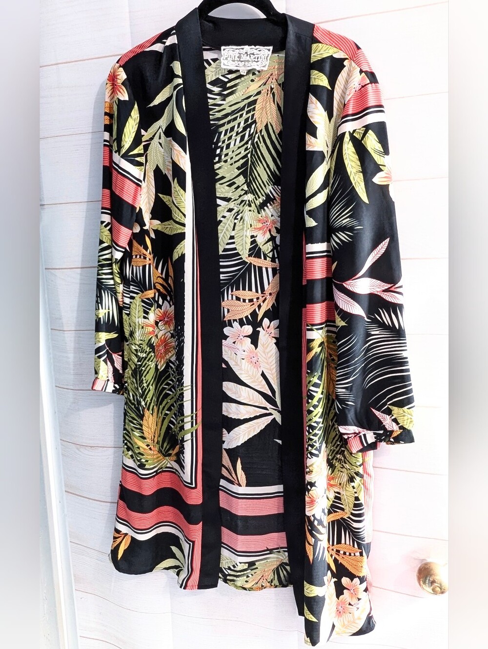 Pink Martini Black Tropical-Print Open Front Kimono with Coral & Lime Accents XS